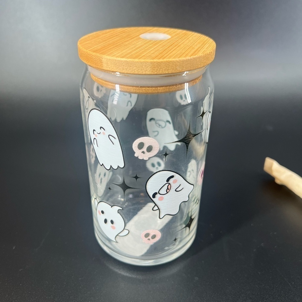 NWT Halloween glass beverage tumbler with ghosts, skulls, bows. Includes straw - Picture 2 of 8
